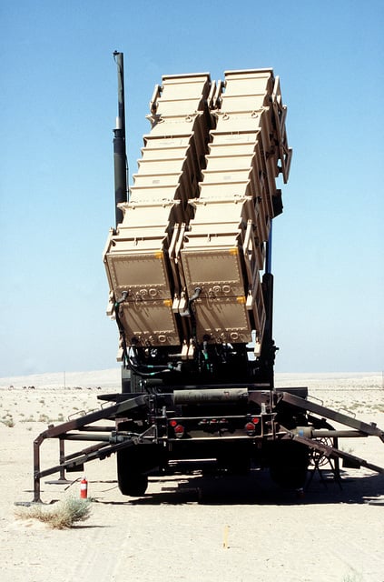 An MIM-104 Patriot tactical air defense missile launcher of Battery E ...