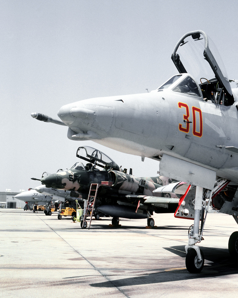 A-4 and TA-4J Skyhawk aircraft of Fighter Squadron 126 (VF-126) stand ...