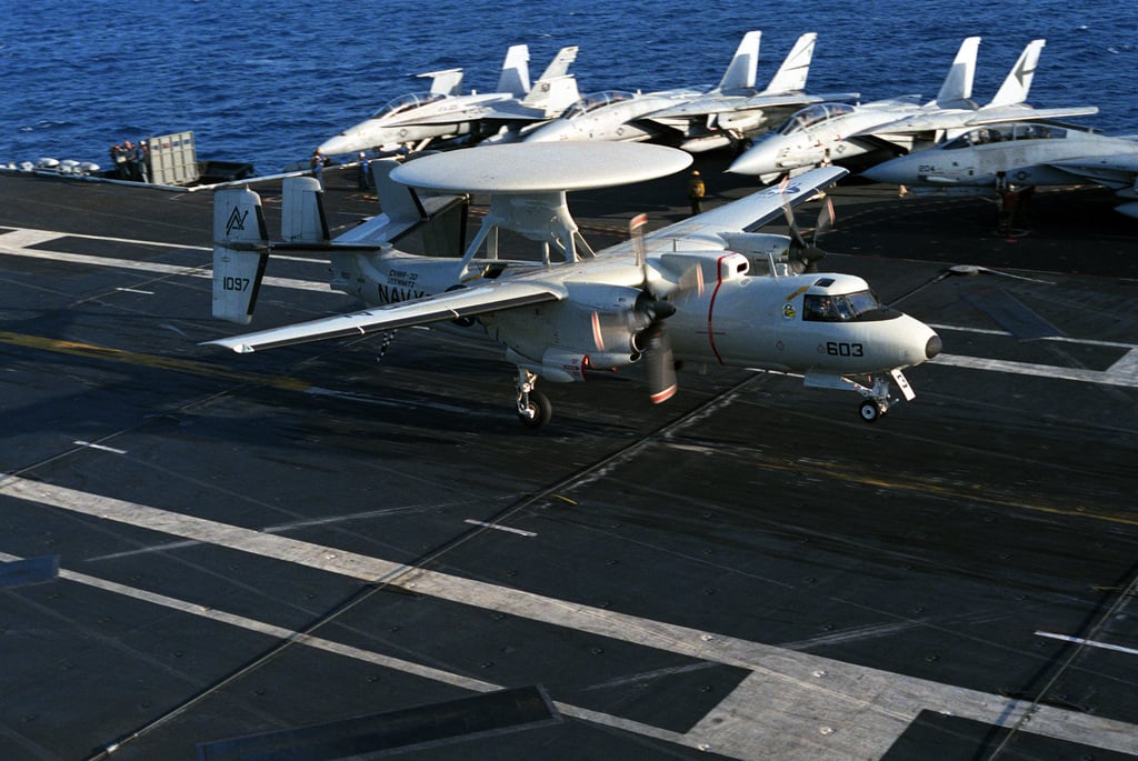 A US Navy (USN) E-2C Hawkeye, from the Airborne Early Warning Squadron ...