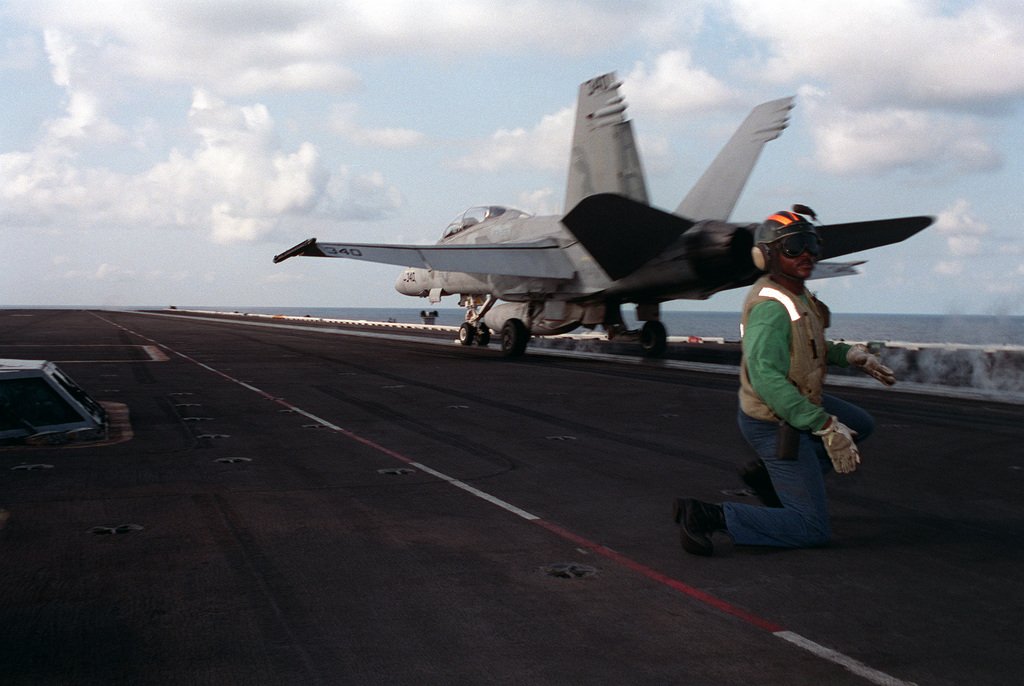 A left rear view of an F-18C Hornet aircraft of Strike Fighter Squadron ...