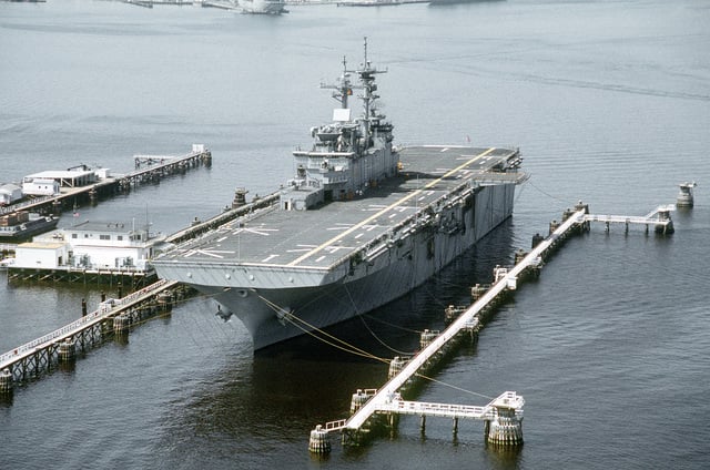 A Port Bow View Of The Amphibious Assault Ship Uss Wasp (lhd-1) Moored 