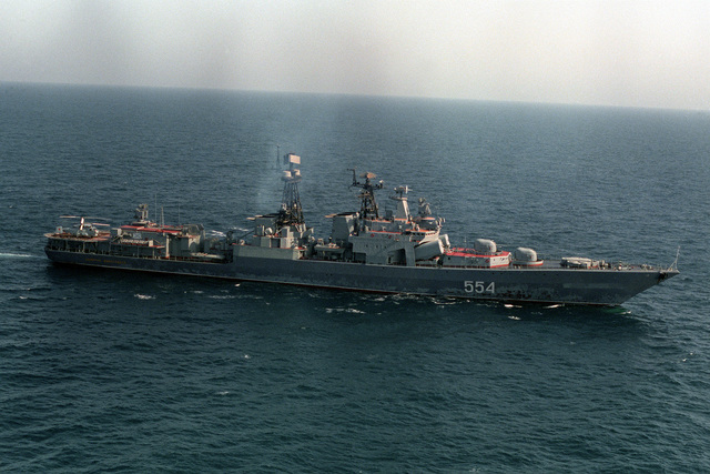 A starboard beam view of the Russian guided missile destroyer ADMIRAL ...