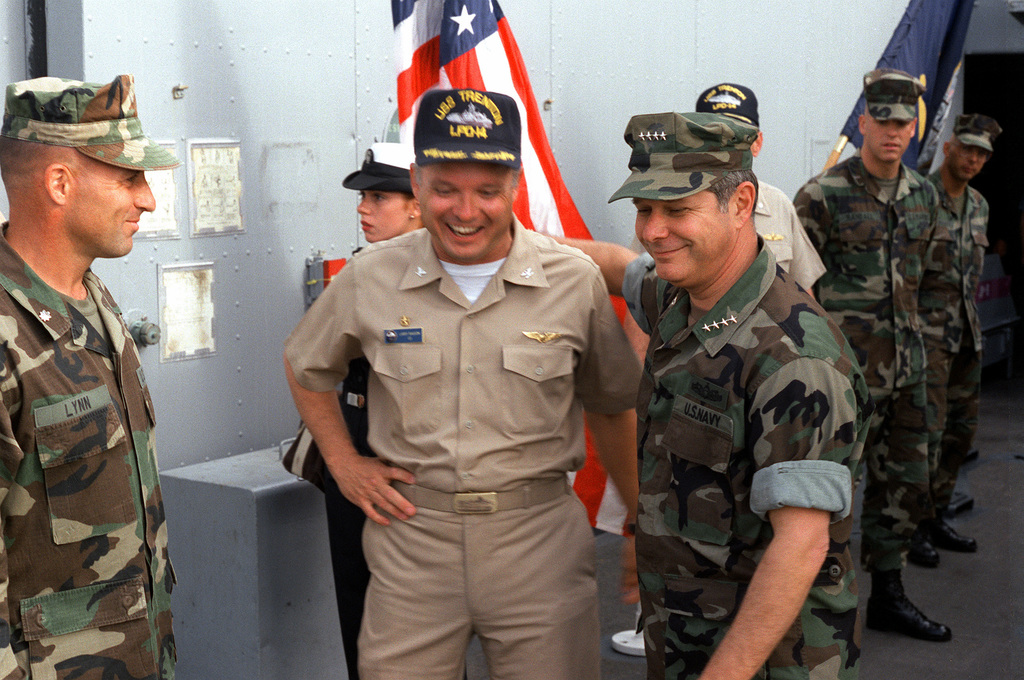 GEN. Walter E. Boomer, assistant commandant of the Marine Corps, converses  with a Marine officer aboard the amphibious transport dock USS TRENTON  (LPD-14) following his arrival on base to observe a special