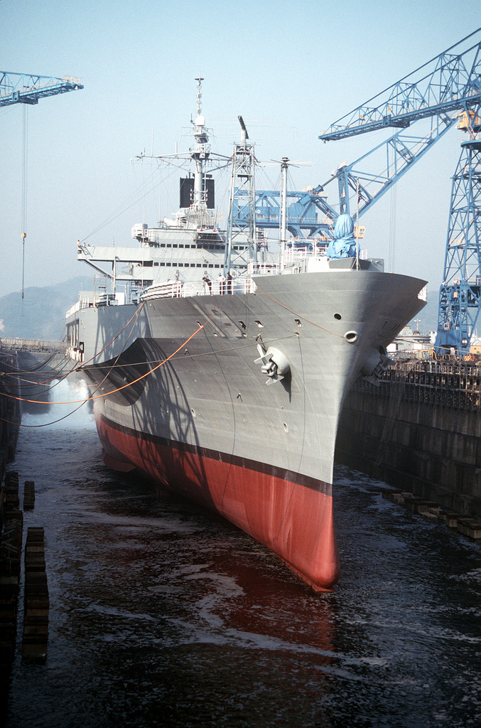 Water Floods Dry Dock No 6 Holding The Amphibious Command Ship Uss