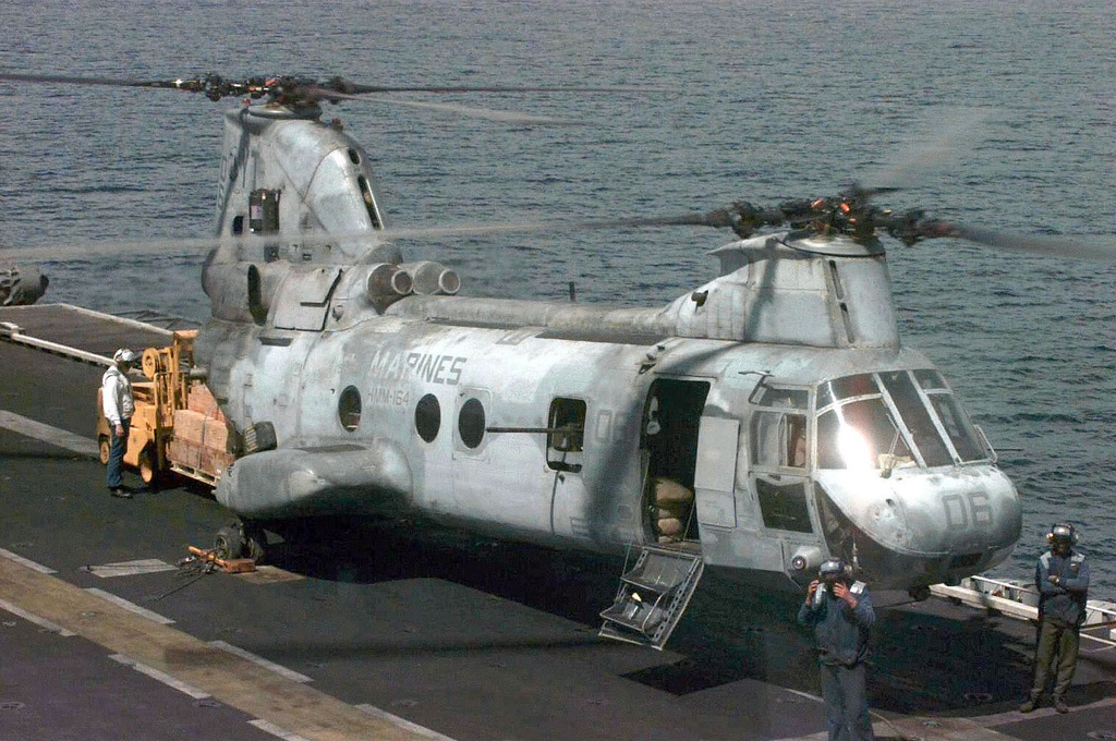 Medium shot, high angle right side front view of a US Marine CH-46 Sea ...