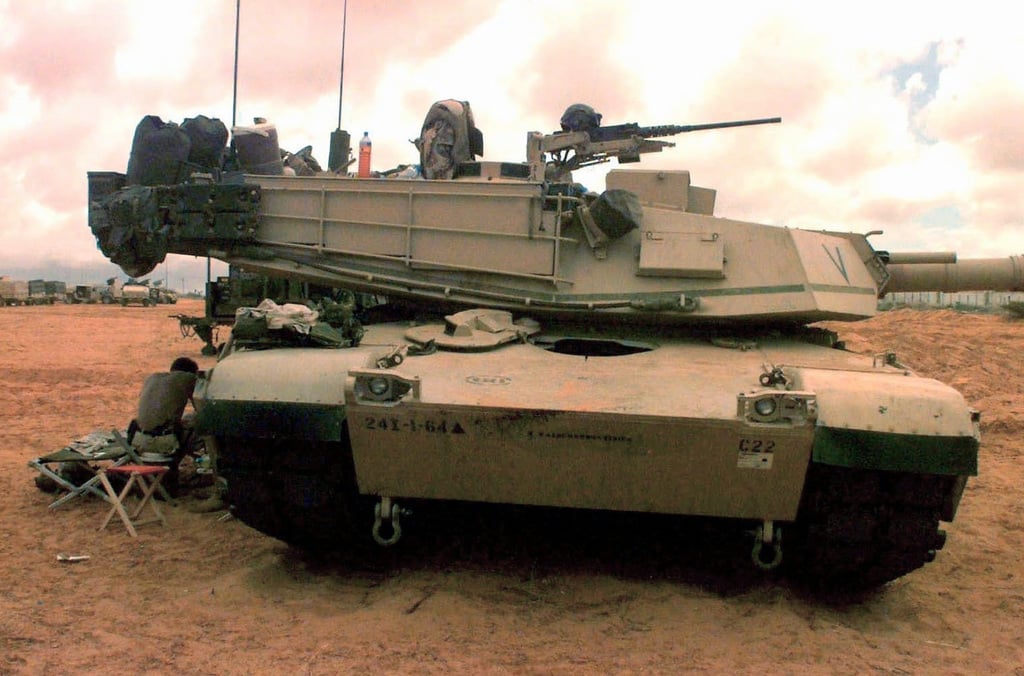 Straight on shot of a US Army M1A1 Abrams Main Battle Tank located on ...