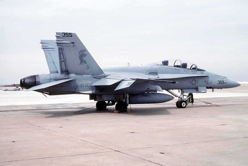 A right rear view of a STrike Fighter Squadron 106 (VFA-106) F/A