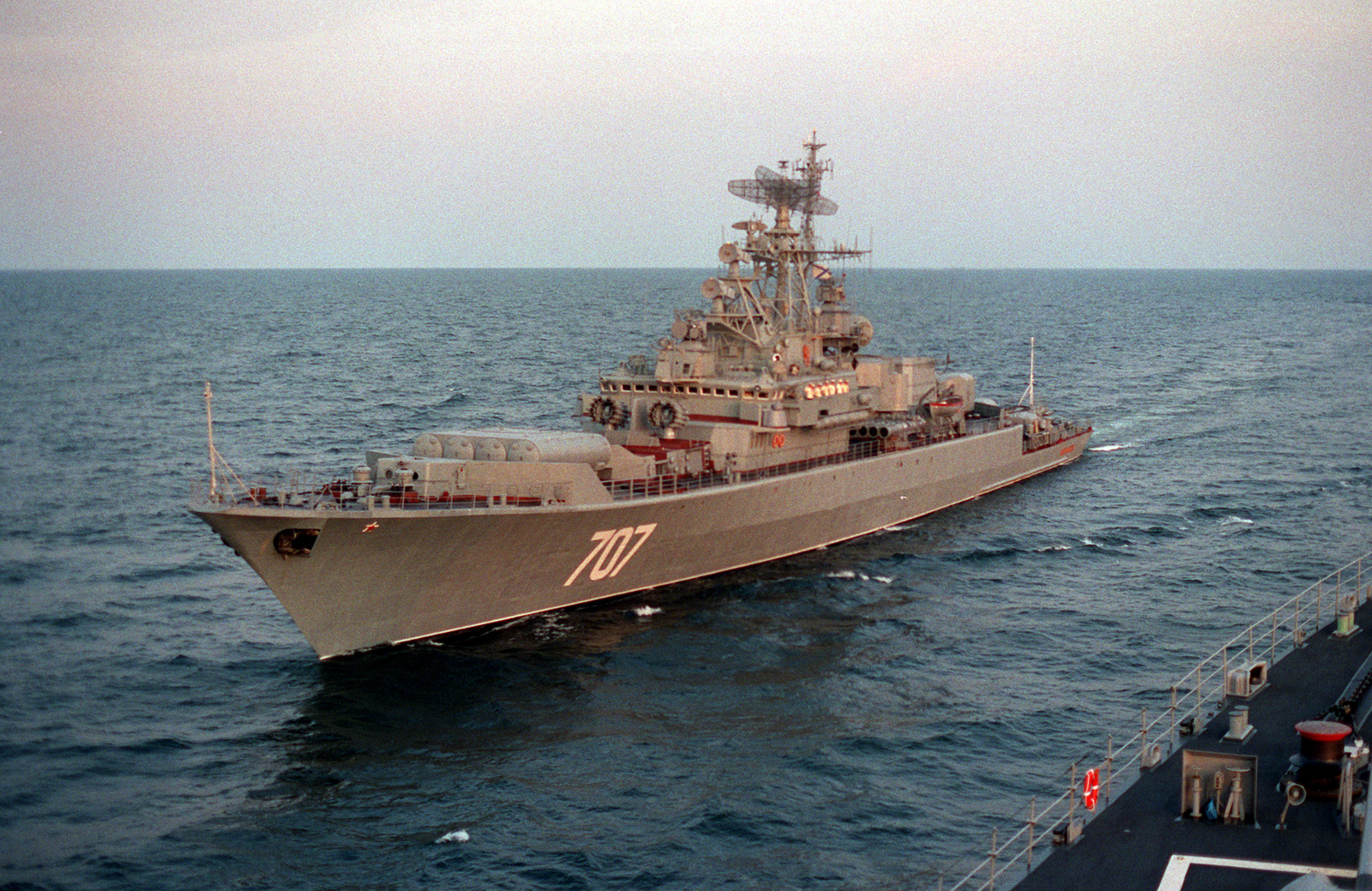 A port bow view of the Russian navy Krivak I class frigate BDITELNY ...