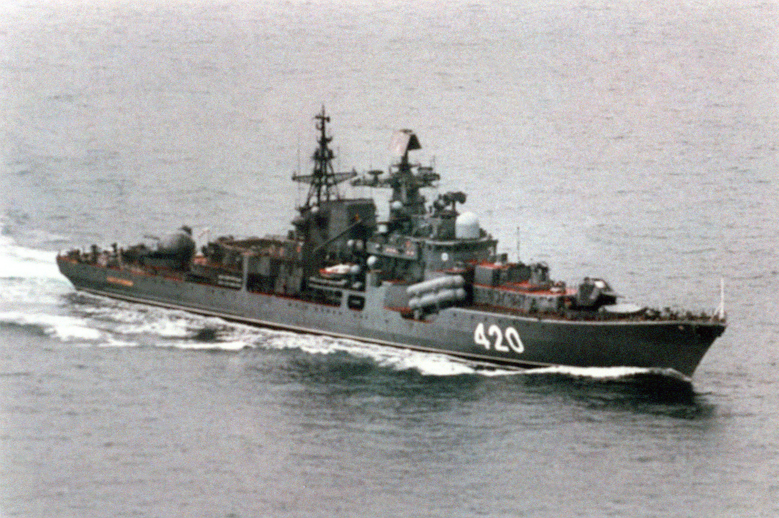 Aerial starboard bow view of the Russian Northern Fleet Sovremennyy ...