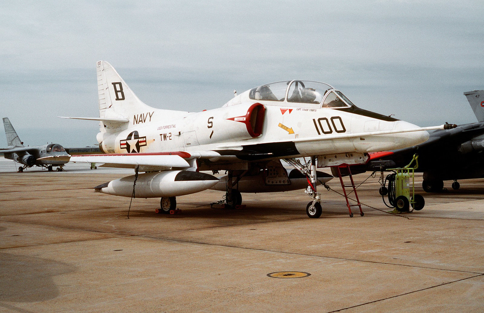 A right front view of an TA-4J Skyhawk advance student jet trainer 