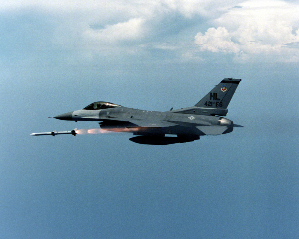 An F-16 from 421st Fighter Squadron, Hill Air Force Base, Utah releases ...