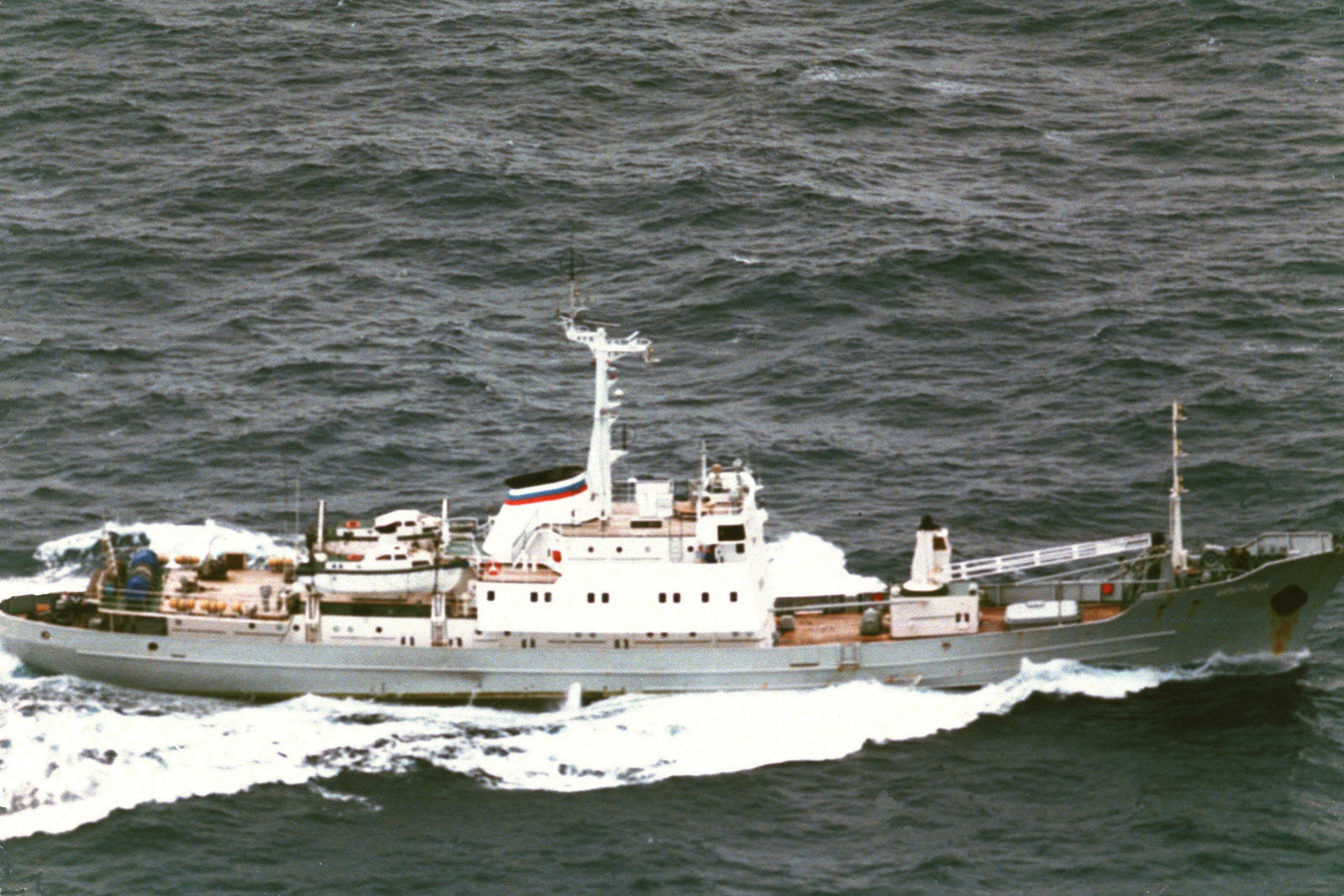 Aerial Starboard Side View Of A Russian Pacific Fleet Moma Class - aerial starboard side view of a russian pacific fleet moma class hydro!   graphic survey vessel underway