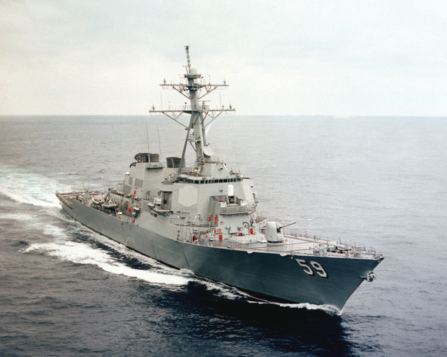 An Aerial Starboard Bow View Of The Guided Missile Destroyer USS Russell (DDG-59) Underway ...