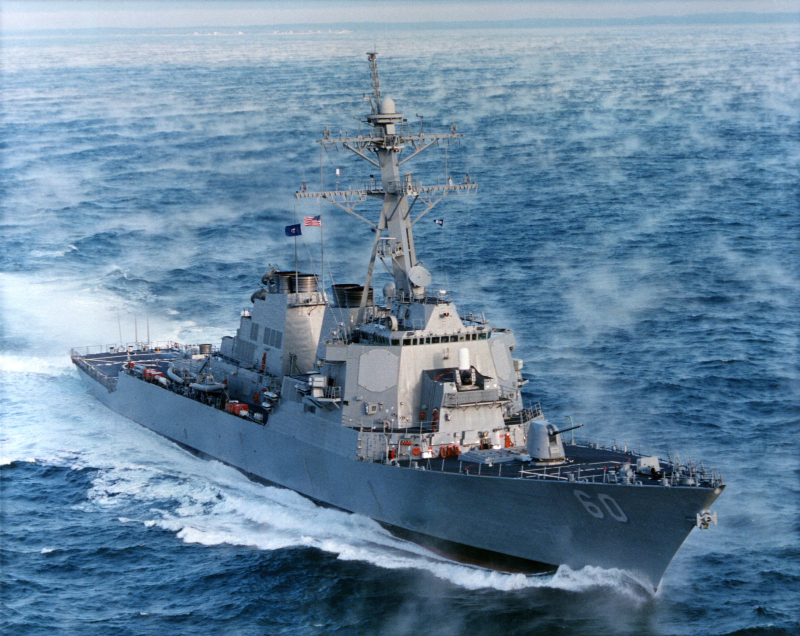 An aerial starboard bow view of the guided missile destroyer USS PAUL ...