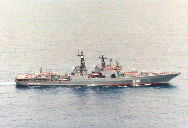 Aerial starboard side view of the Russian Navy Pacific Fleet Udaloy ...