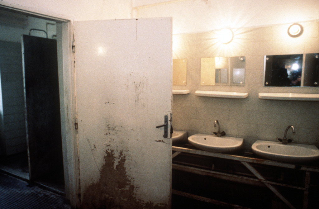 Interior view of a typical bathroom in a dormitory style building for