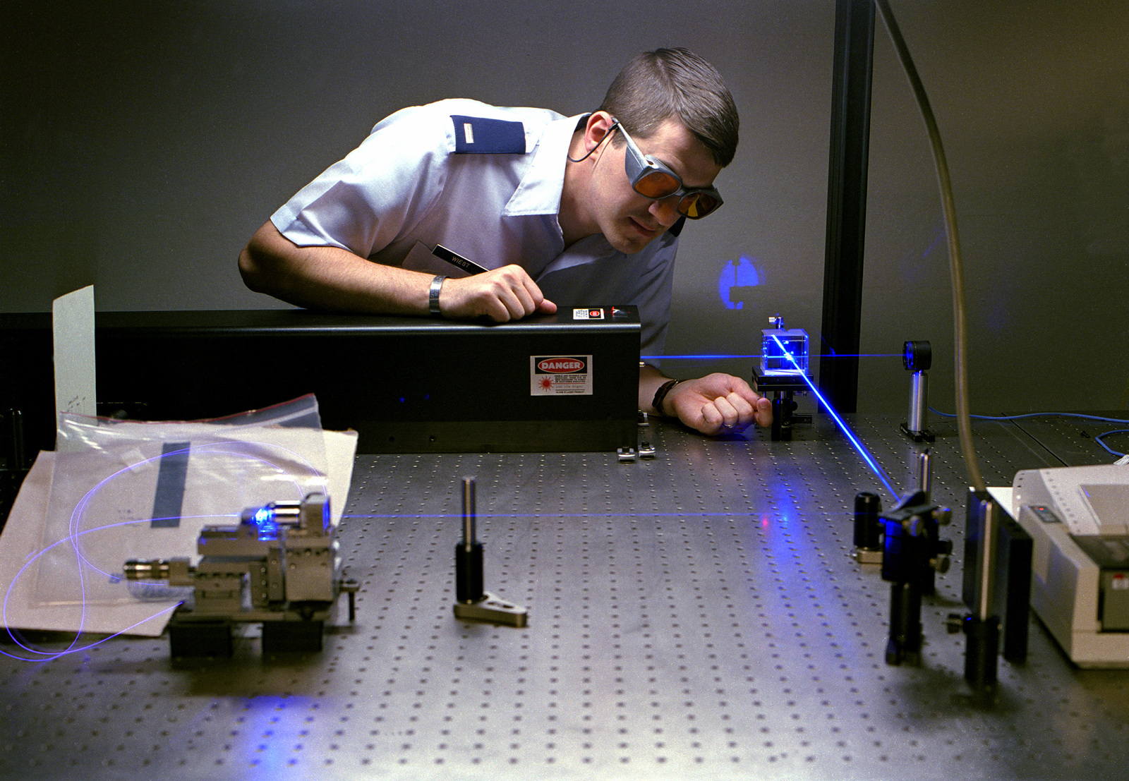 1LT Wiest sets up a laser experiment at the Photonics Laboratory. 