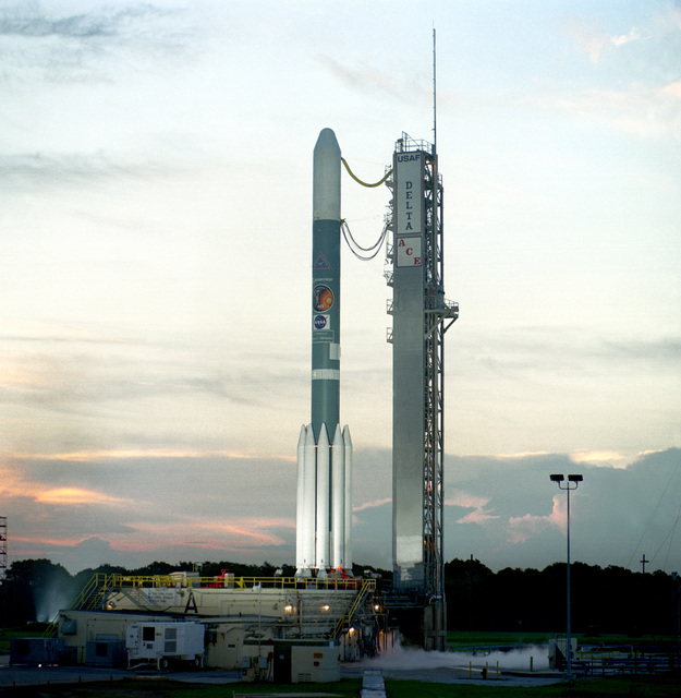 The Boeing Delta II space launch vehicle sits at complex 17A, waiting ...