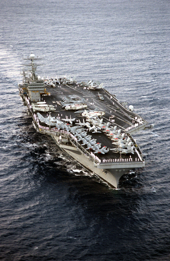 Starboard bow view of the Nimitz class aircraft carrier USS CARL VINSON ...