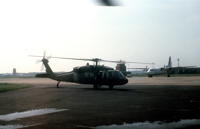 A North Carolina Army National Guard UH-60 Black Hawk helicopter taxies ...