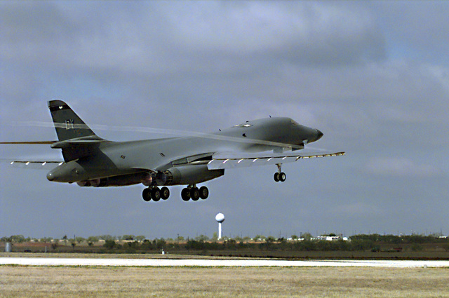 A US Air Force 9th Bomb Squadron, 7th Bomb Wing B-1B Lancer Aircraft ...