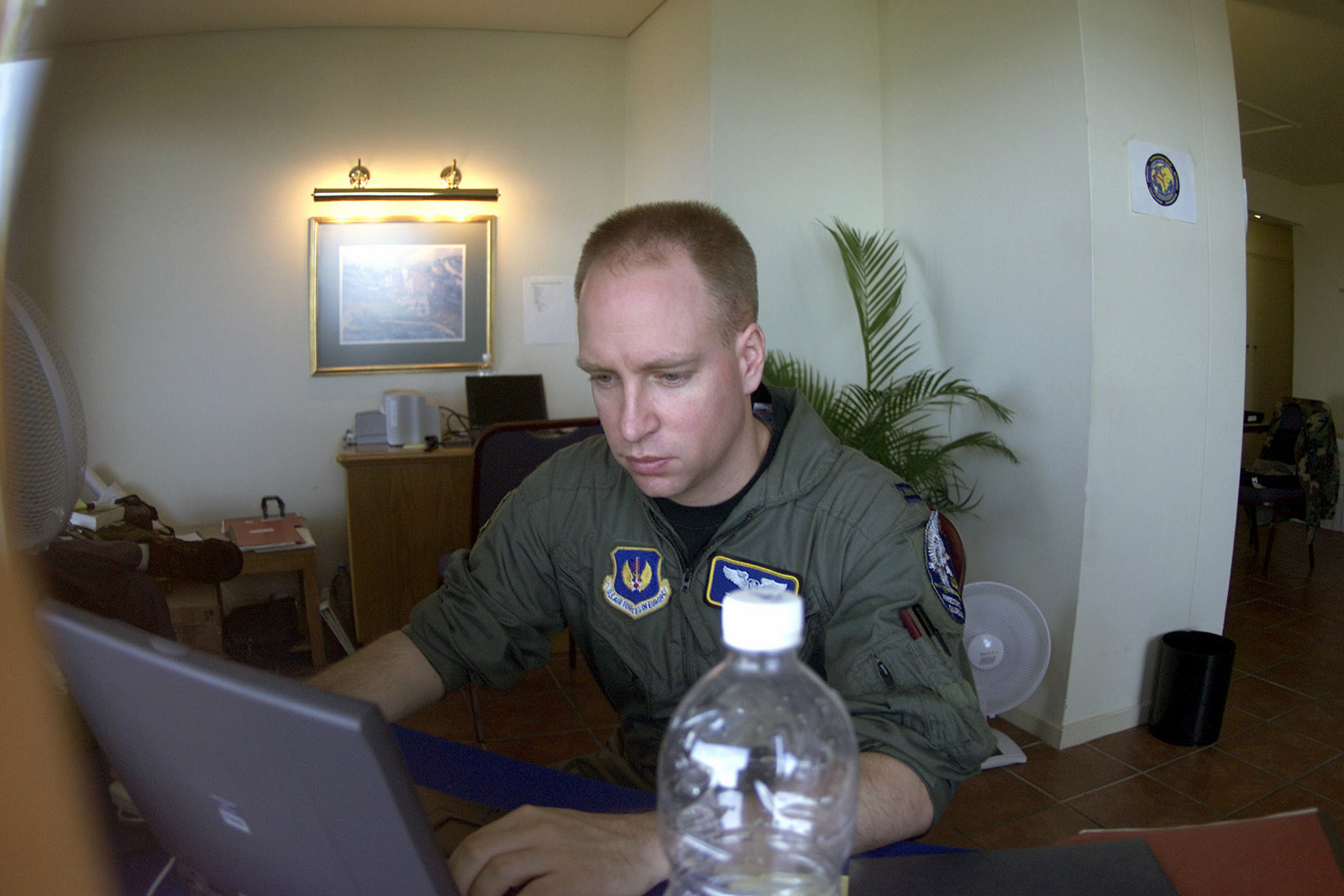 Left side front view medium close-up as US Air Force Captain Tom Allen ...