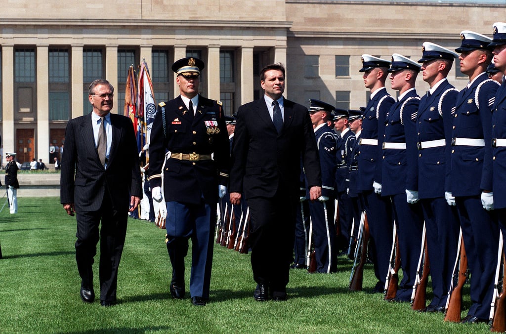 President Boris Trajkovski Right Of The Former Yugoslav Republic Of Macedonia Is Escorted By The Honorable Donald H Rumsfeld Left U S Secretary Of Defense And U S Army Col Thomas M Jordan Center