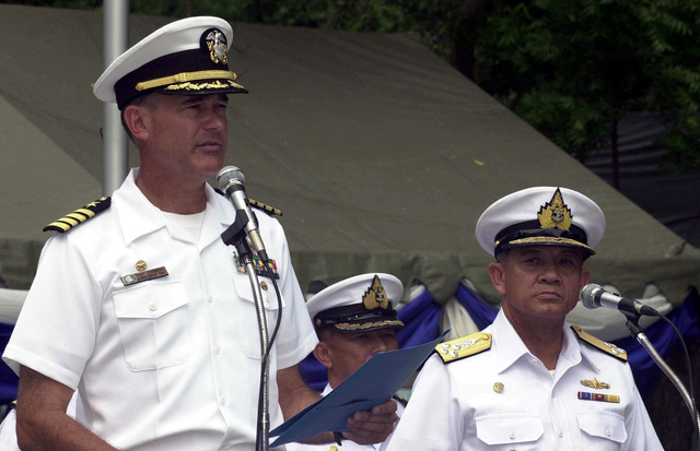 US Navy (USN) Captain (CAPT) Gary Erickson (left), Commander Destroyer ...