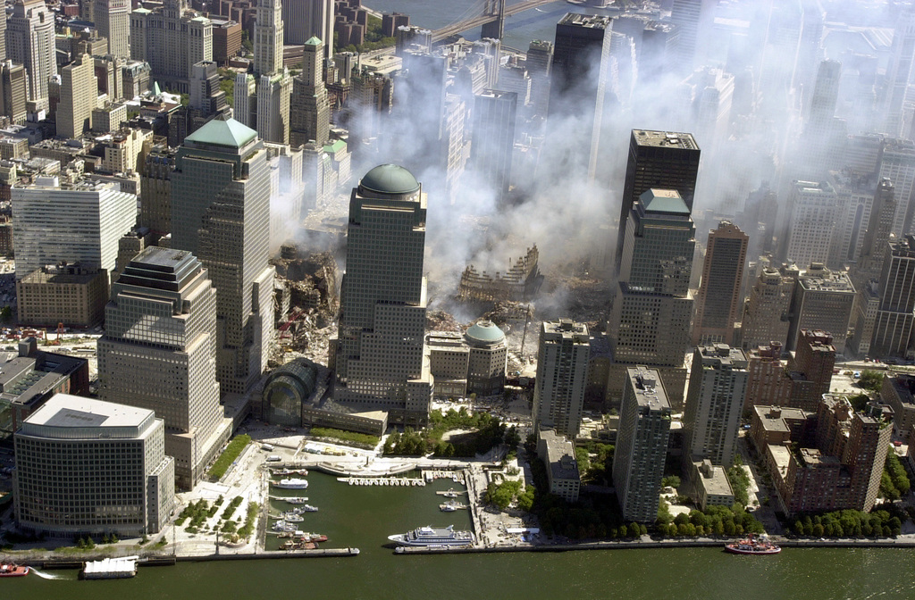 An aerial view, days after the terrorist attacks on American soil, the ...