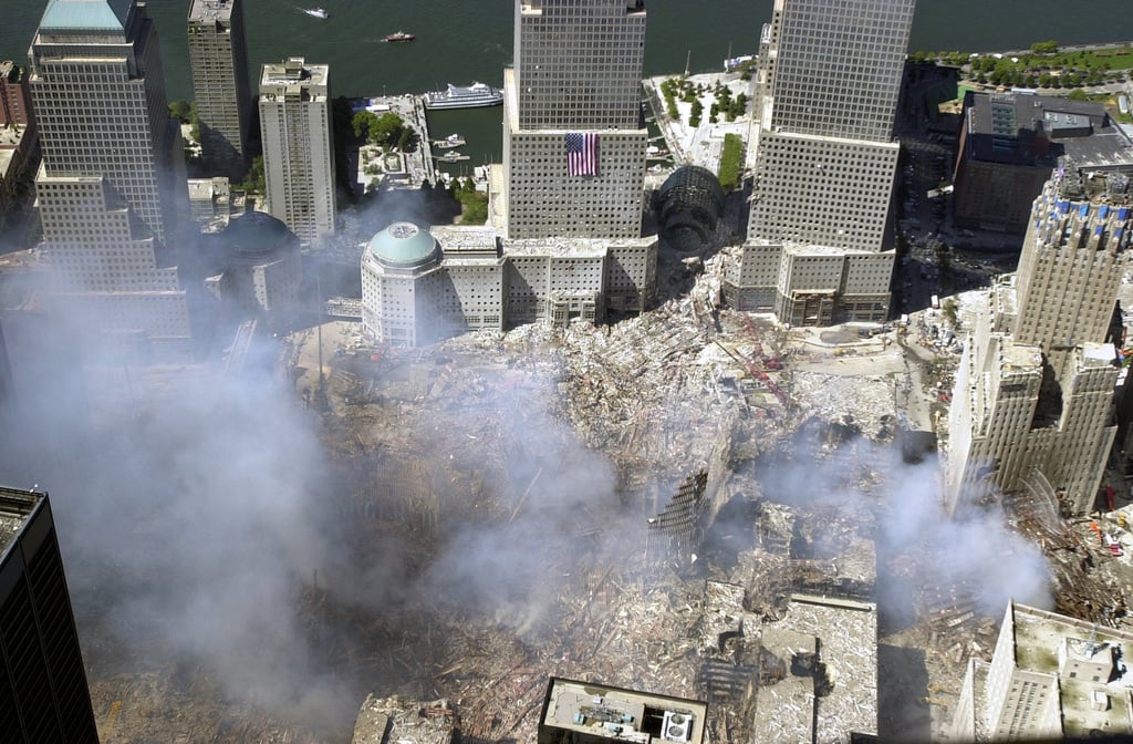 An aerial view, days after the terrorist attacks on American soil, the ...