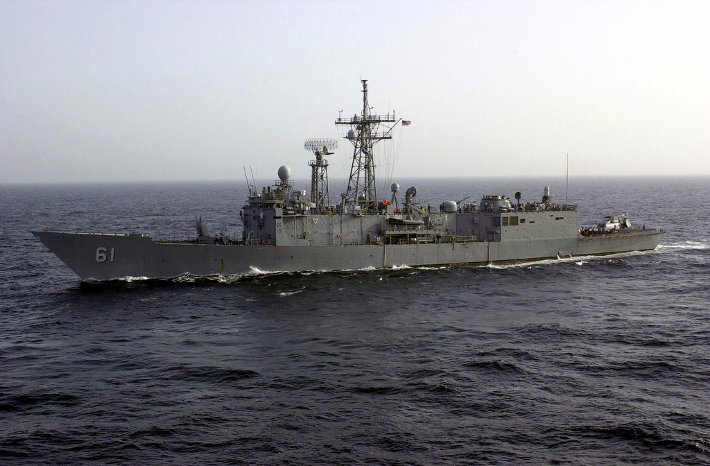 Port Side View Of The Us Navy Usn Oliver Hazard Perry Class Guided Missile Frigate Uss