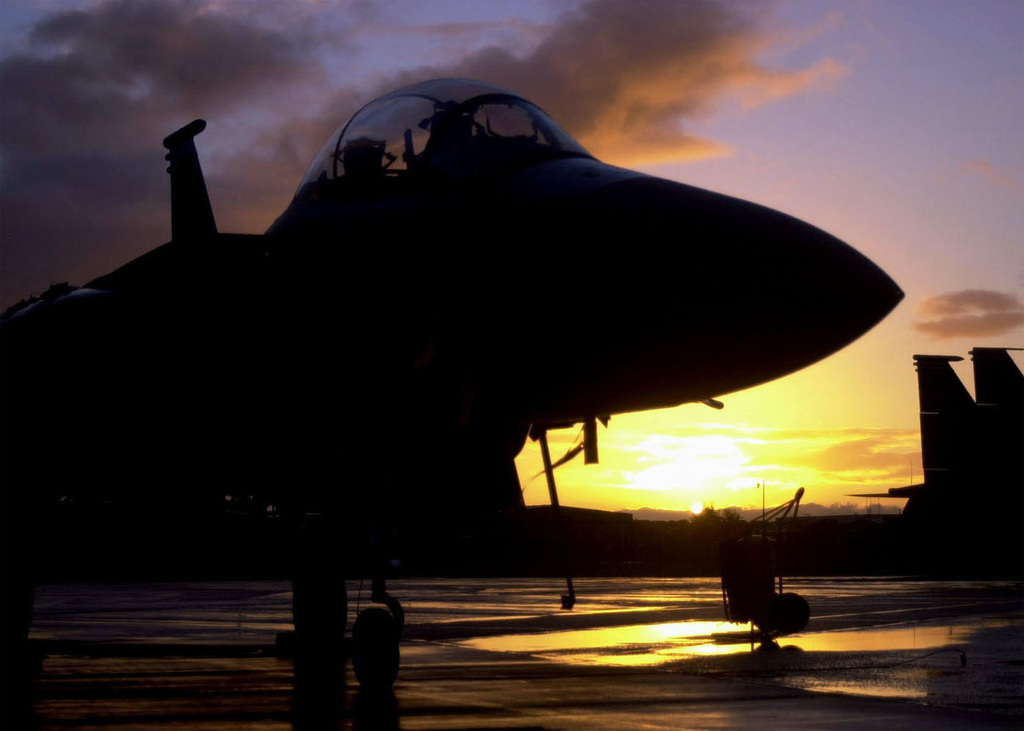 A front right side view of a US Air Force (USAF) F-15E Strike Eagle ...