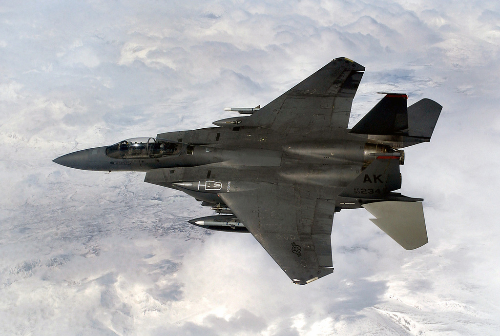 A US Air Force (USAF) F-15E Strike Eagle aircraft assigned to the 90th ...