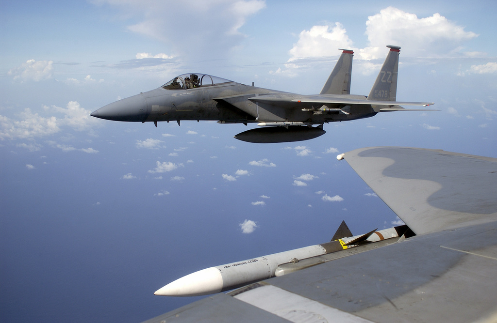 Two US Air Force (USAF) F-15C Eagle aircraft assigned to the 67th ...