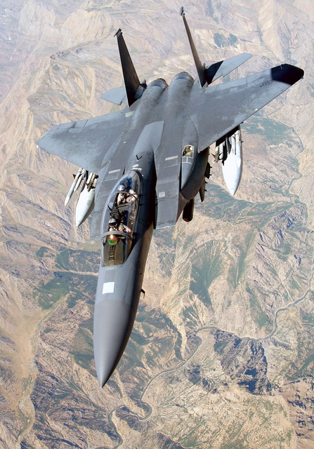 A Us Air Force (usaf) F-15e Strike Eagle Aircraft Armed With Aim-120 