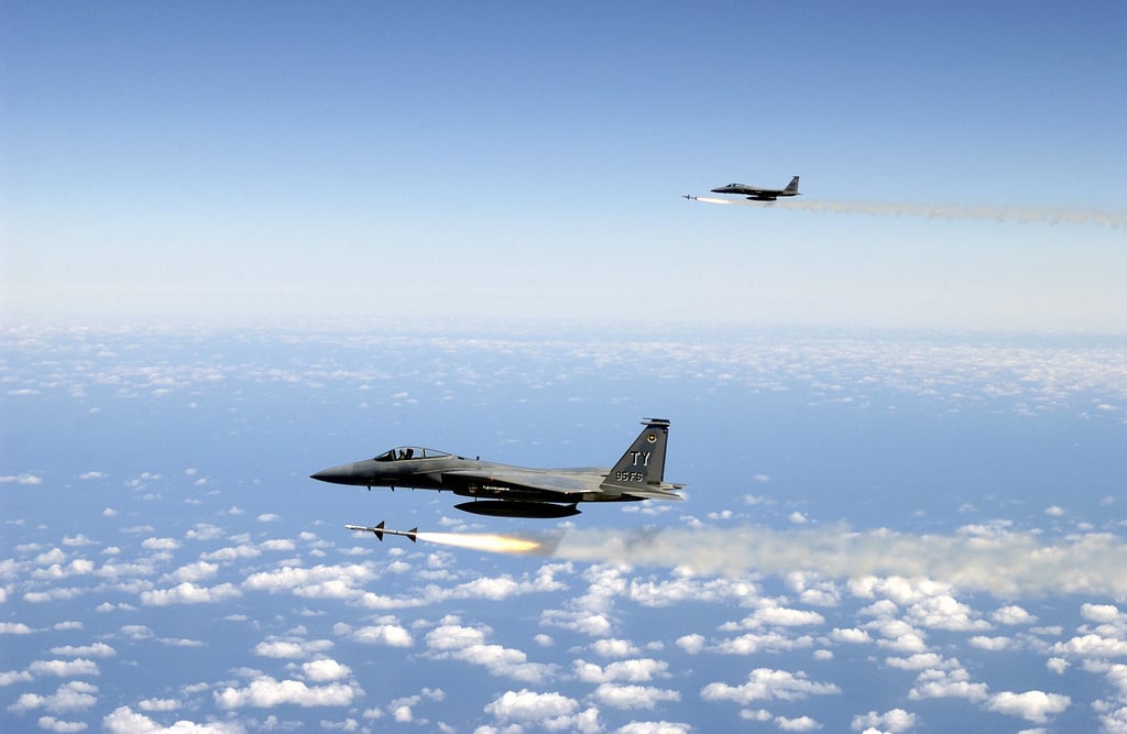 Two US Air Force (USAF) F-15C Eagle aircraft from the 95th Fighter ...