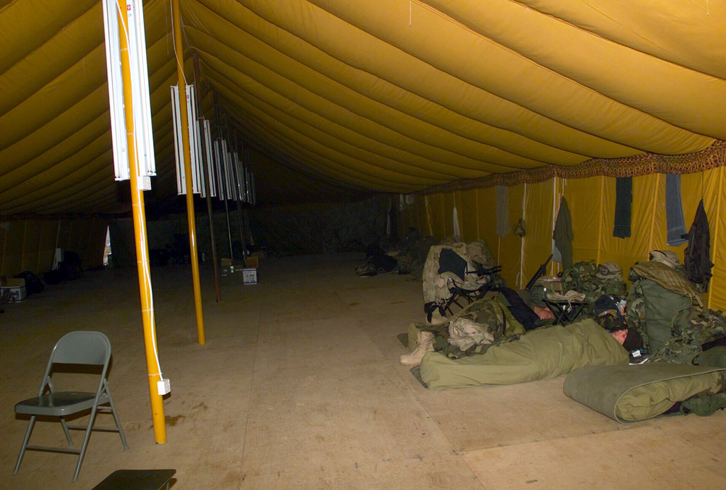 Interior view of a tent used to house US Marine Corps (USMC