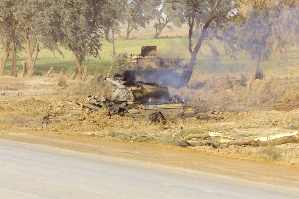 A destroyed Russian made T-55 Main Battle Tank (MBT) north of the An Nu ...