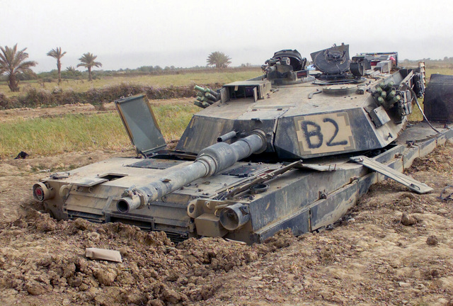 A destroyed Abrams M1A1 Main Battle Tank (MBT), Bravo Company (B CO ...