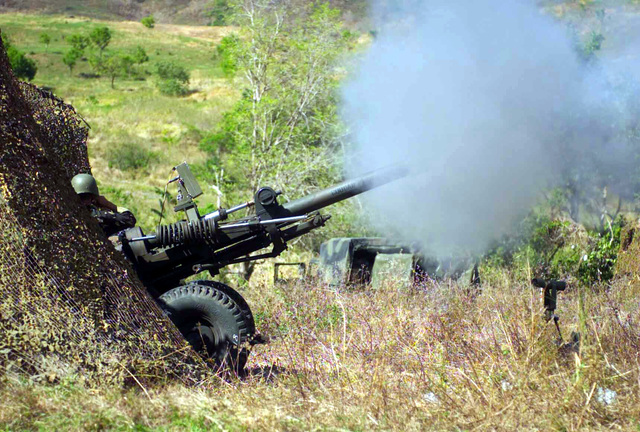 A US Army (USA) 2nd Battalion, 11th Field Artillery Regiment, M198 ...