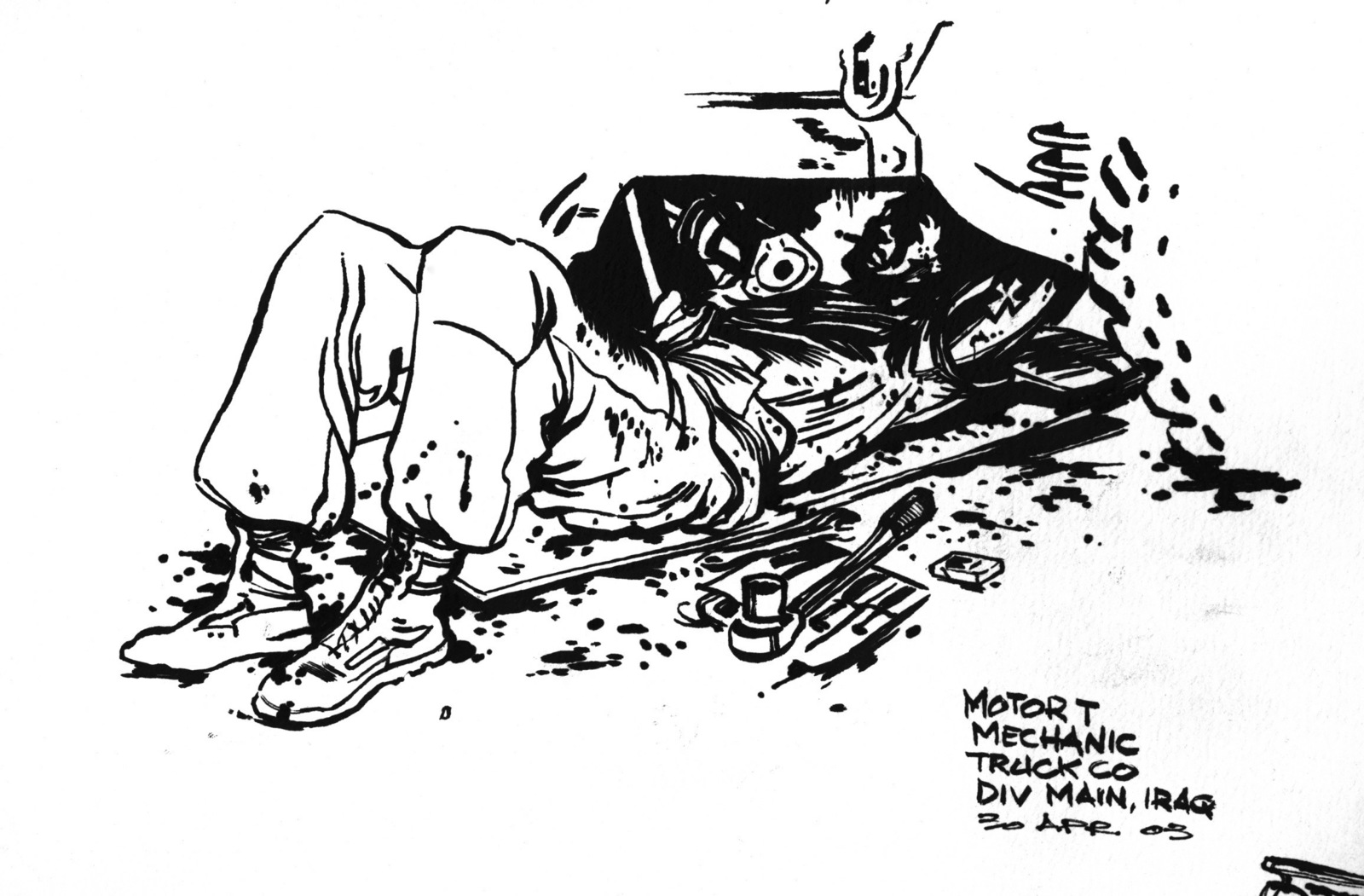 Ink sketch of a US Marine Corps (USMC) Motor Mechanic repairing a ...