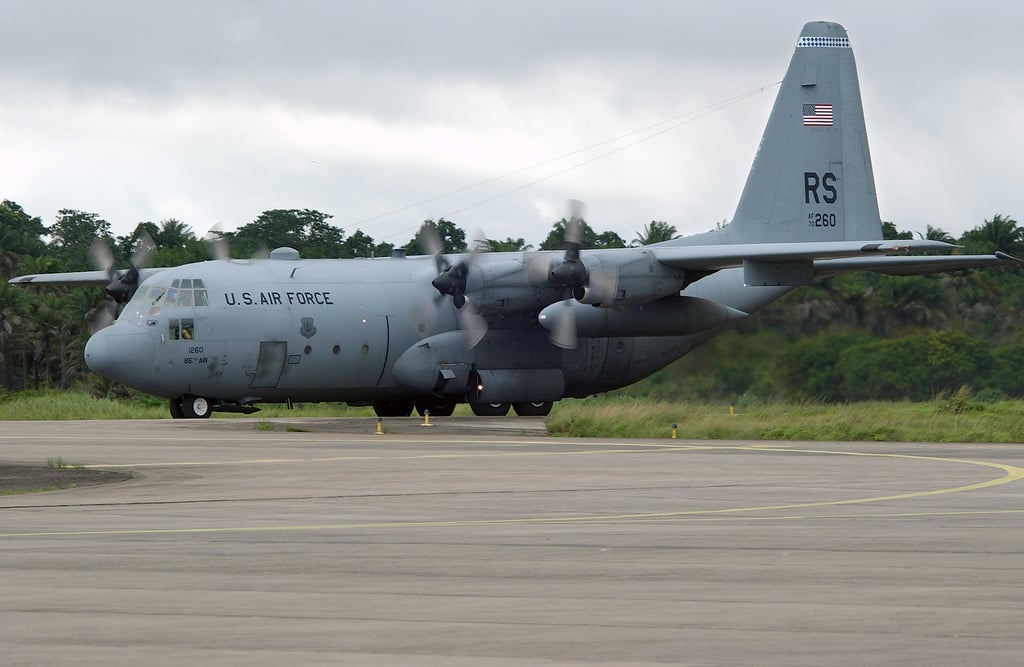 A US Air Force (USAF) C-130 Hercules cargo aircraft from the 37th ...