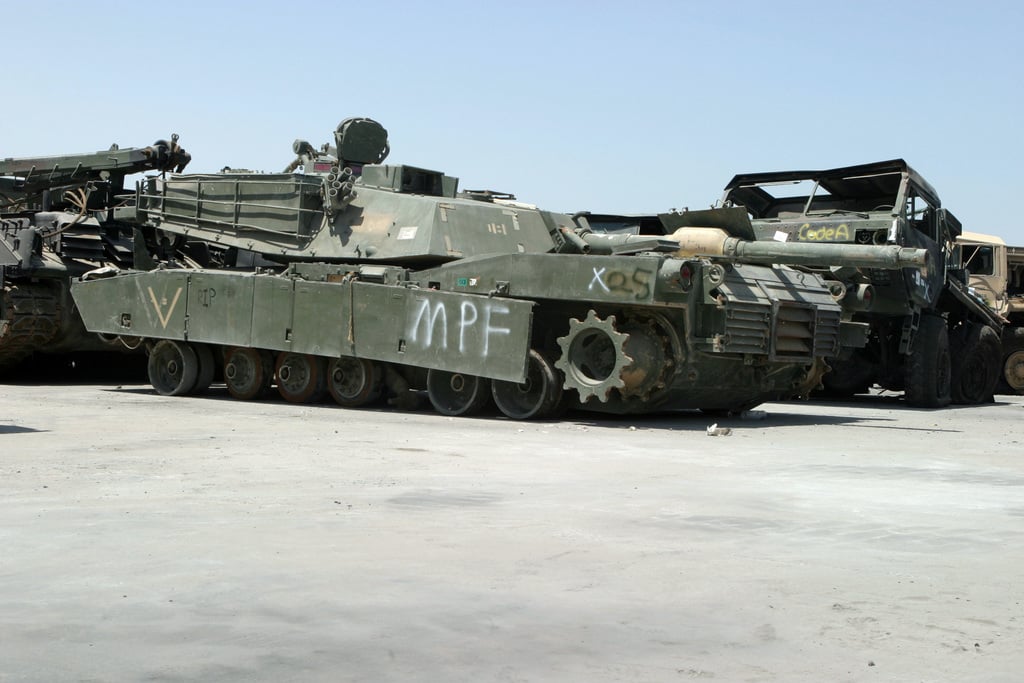 A US Marine Corps (USMC) M1A1 Main Battle Tank (MBT) damaged during ...