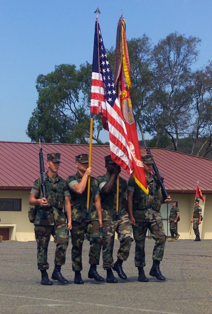 The US Marine Corps (USMC) Color Guard marches for the Pass and Review