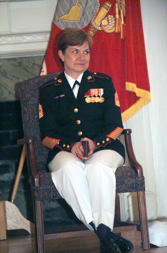 Us Marine Corps Usmc Master Gunnery Sergeant Mgysgt Holly James Left Pictured Seated