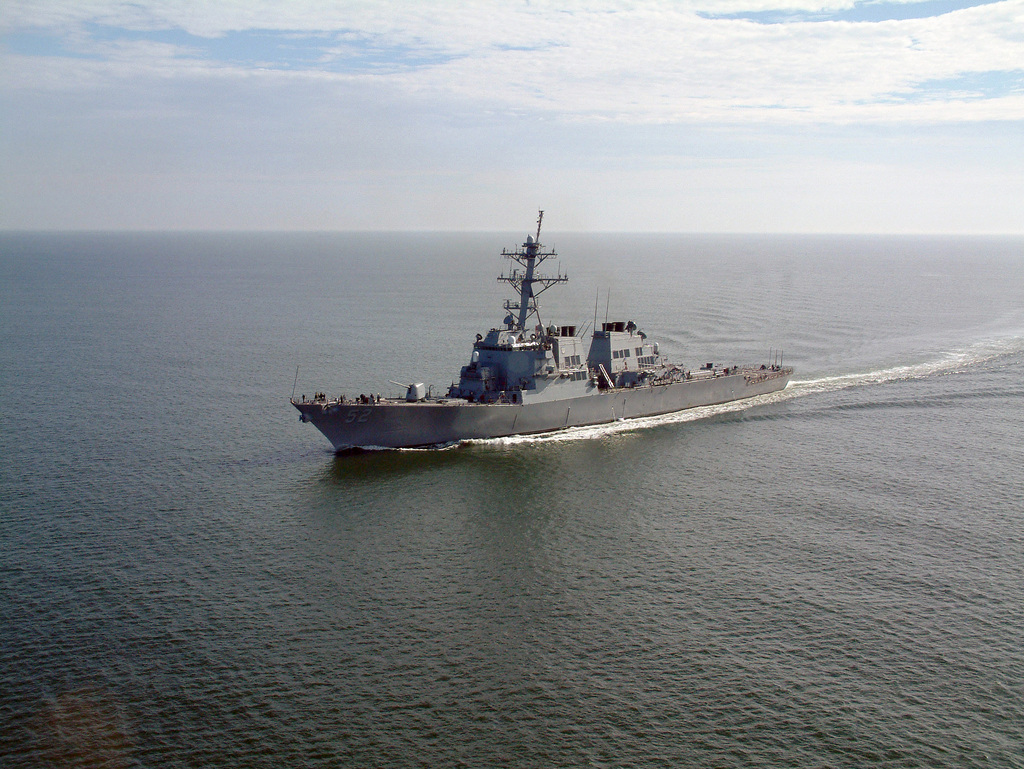 Aerial port bow view of the US Navy (USN) Arleigh Burke Class Guided ...