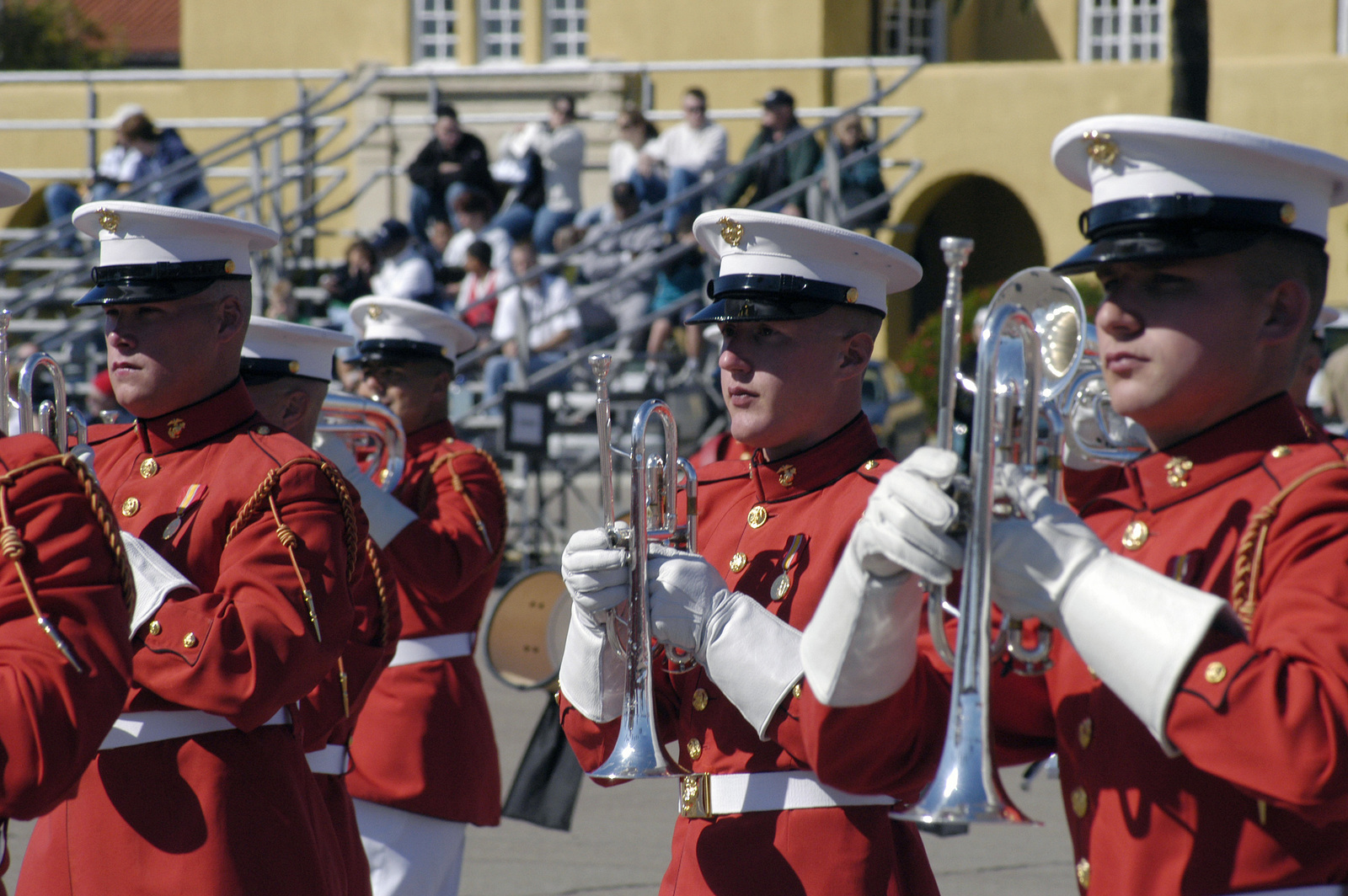 The US Marine Corps (USMC) Drum and Bugle Corps performs in from of