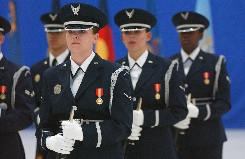 Members of the US Air Force (USAF) Honor Guard, stands at parade