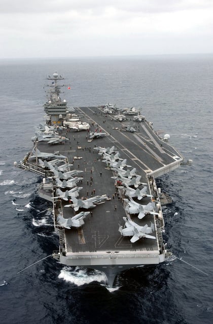 A high oblique bow on view of the US Navy (USN) NIMITZ CLASS: Aircraft ...