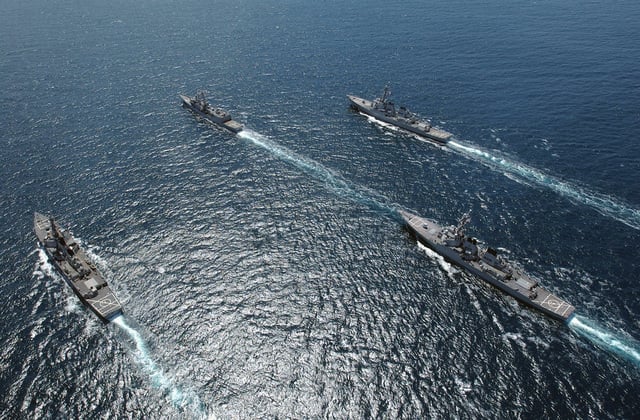 An aerial view of US Navy (USN) ships assigned to 